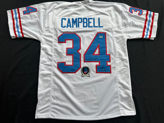 EARL CAMPBELL SIGNED WHITE FOOTBALL JERSEY Houston Oilers w/ "HOF 91" BAS COA