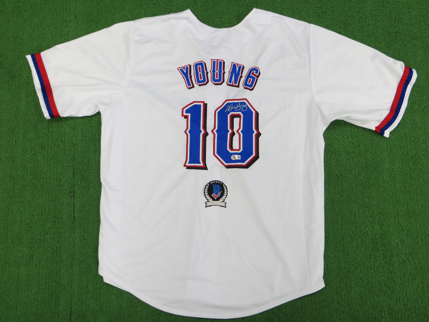 MICHAEL YOUNG TEXAS RANGERS SIGNED WHITE JERSEY size 3XL BAS COA