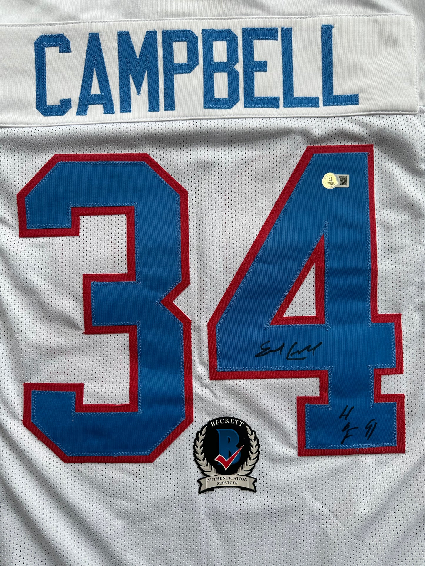 EARL CAMPBELL SIGNED WHITE FOOTBALL JERSEY Houston Oilers w/ "HOF 91" BAS COA