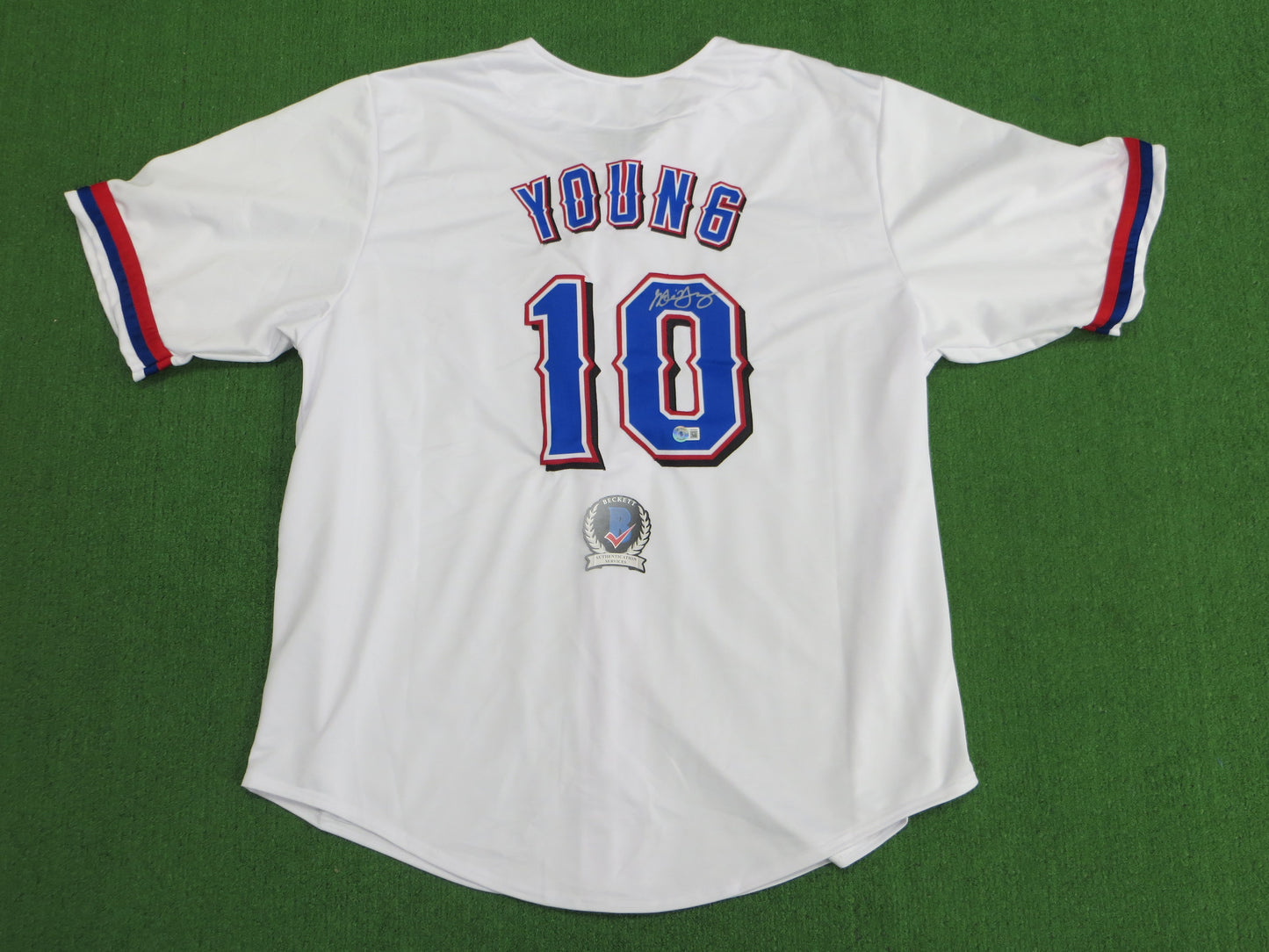 MICHAEL YOUNG TEXAS RANGERS SIGNED WHITE JERSEY size 3XL BAS COA