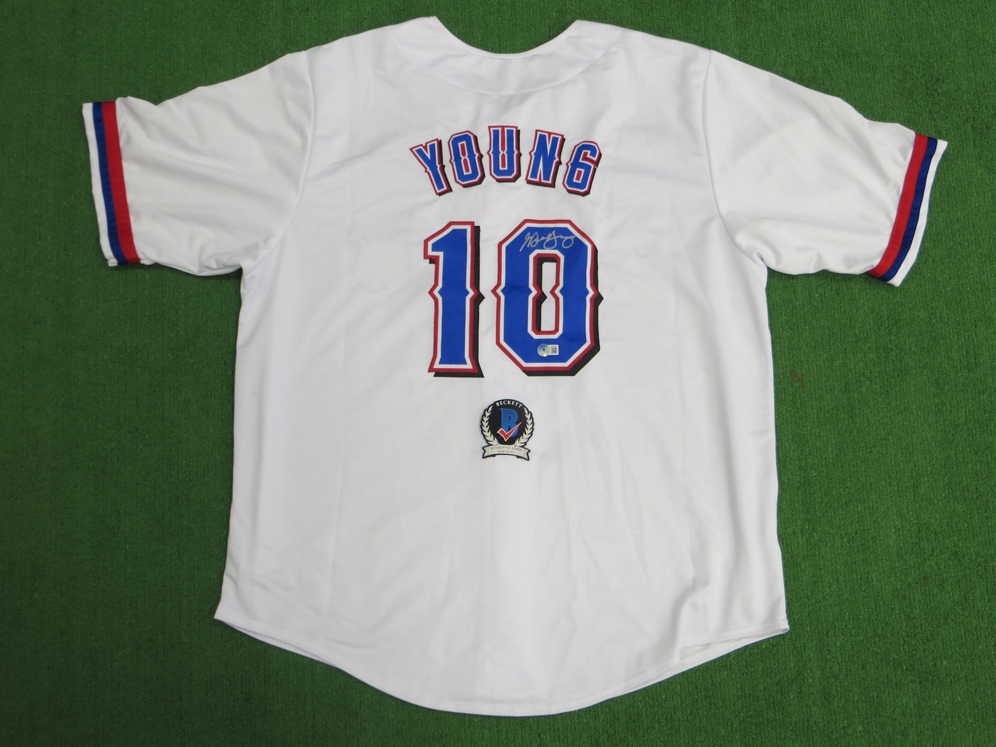 MICHAEL YOUNG TEXAS RANGERS SIGNED WHITE JERSEY size 3XL BAS COA