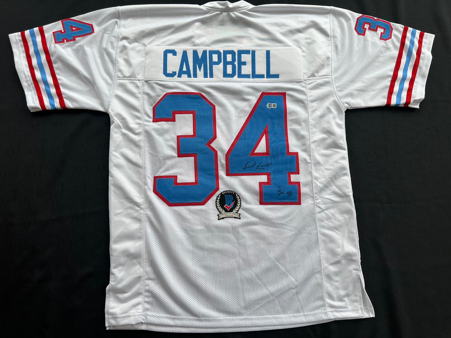EARL CAMPBELL SIGNED WHITE FOOTBALL JERSEY Houston Oilers w/ "HOF 91" BAS COA