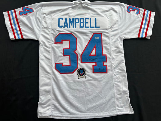 EARL CAMPBELL SIGNED WHITE FOOTBALL JERSEY Houston Oilers w/ "HOF 91" BAS COA