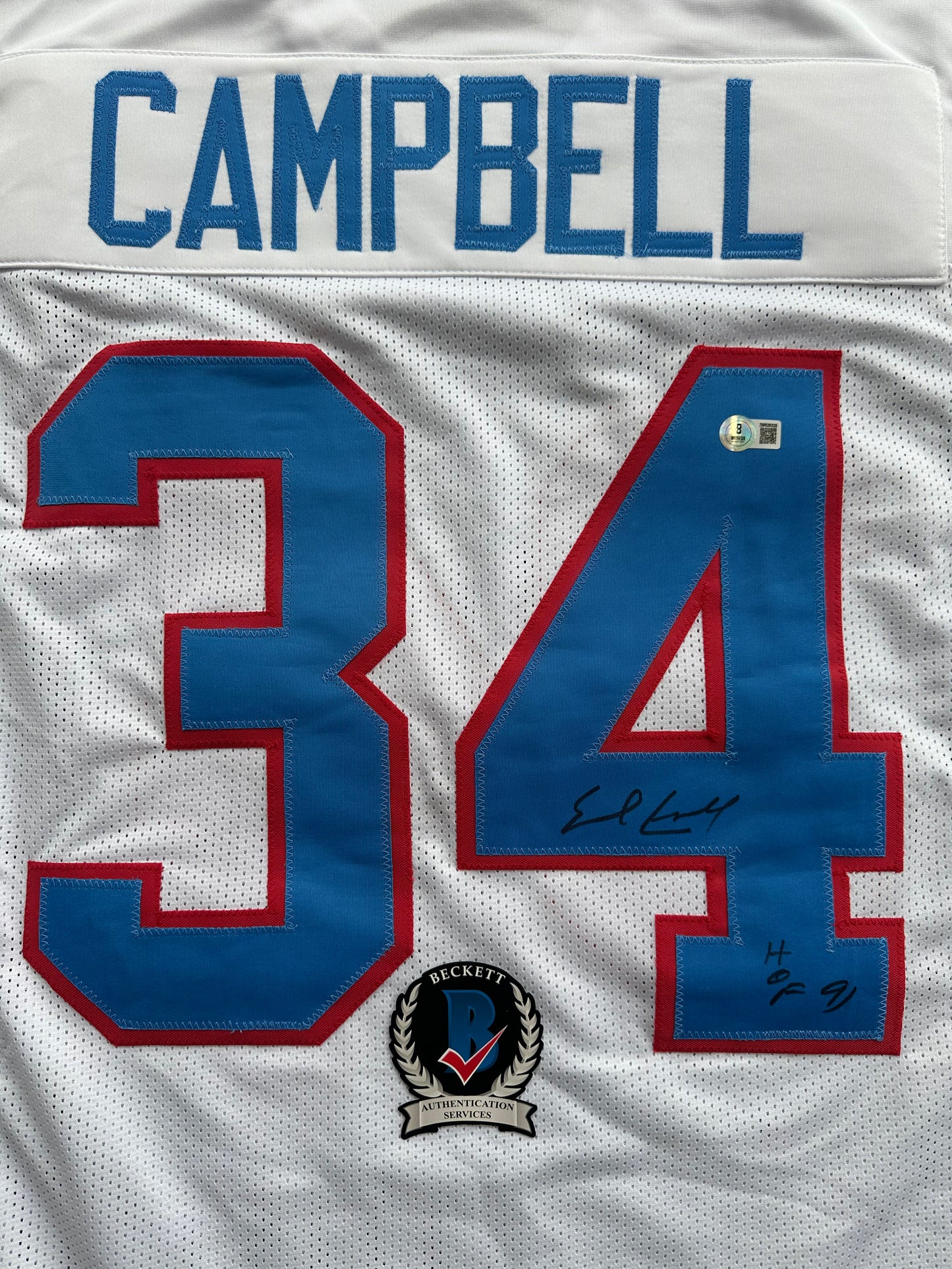 EARL CAMPBELL SIGNED WHITE FOOTBALL JERSEY Houston Oilers w/ "HOF 91" BAS COA