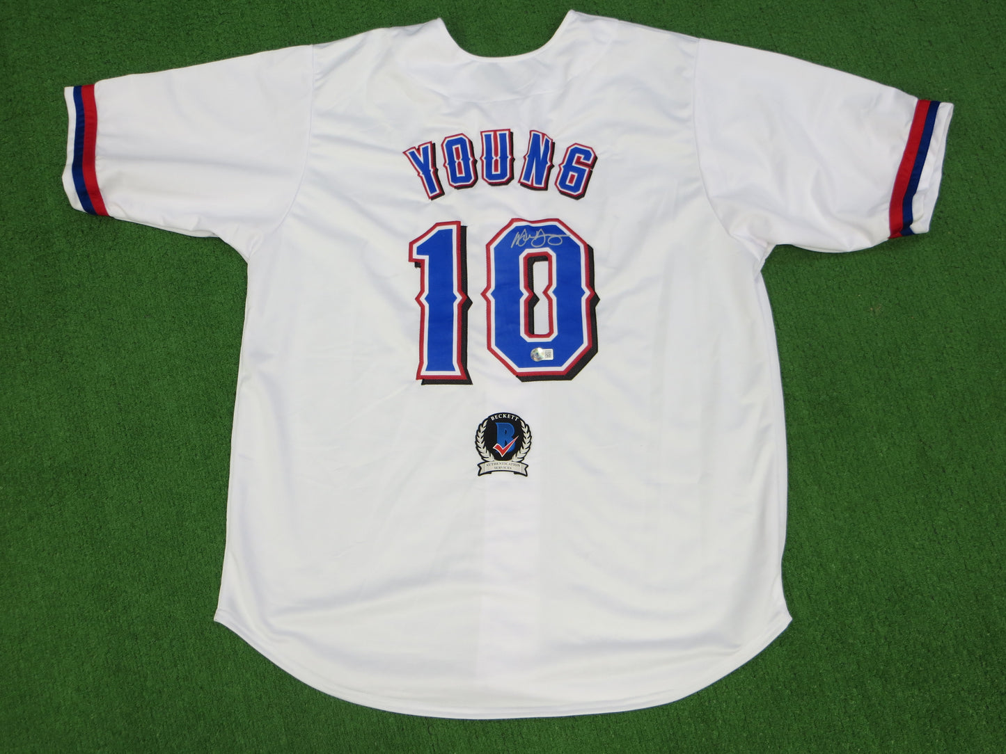 MICHAEL YOUNG TEXAS RANGERS SIGNED WHITE JERSEY size 2XL BAS COA