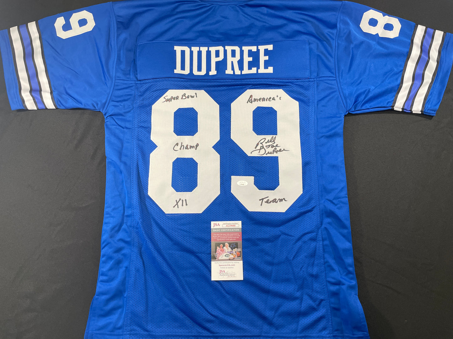 BILLY JOE DUPREE DALLAS COWBOYS SIGNED BLUE JERSEY w/INSCs XL JSA COA
