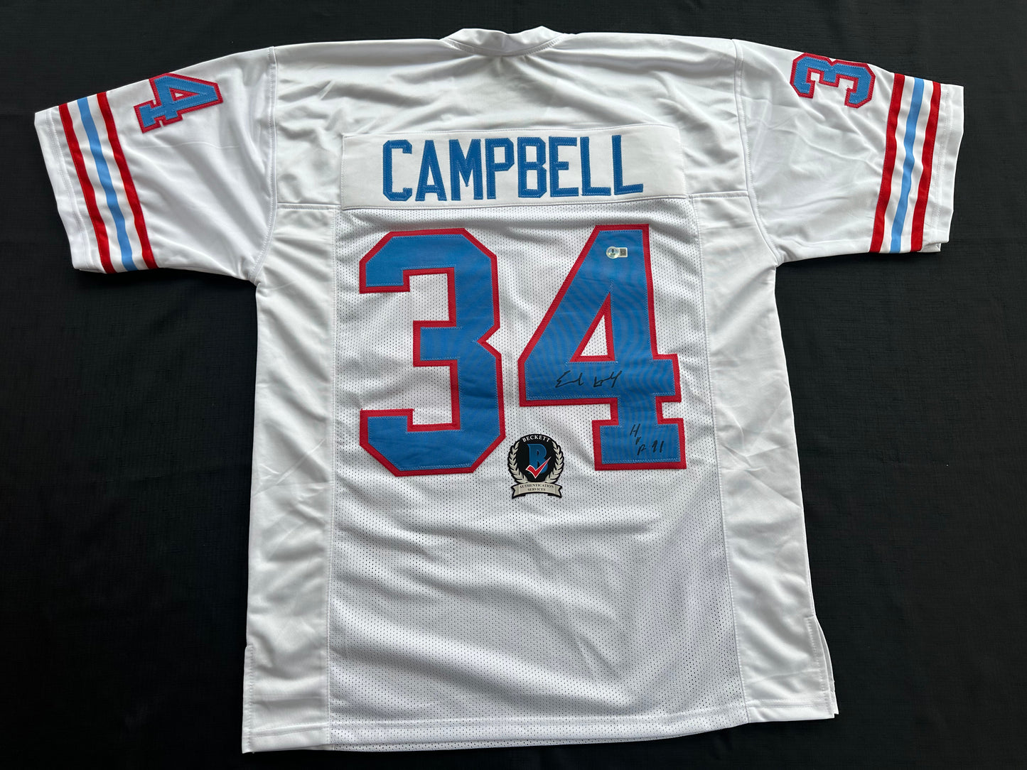 EARL CAMPBELL SIGNED WHITE FOOTBALL JERSEY Houston Oilers w/ "HOF 91" BAS COA