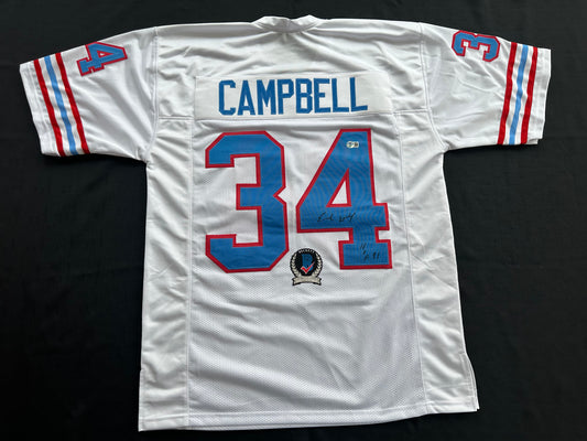EARL CAMPBELL SIGNED WHITE FOOTBALL JERSEY Houston Oilers w/ "HOF 91" BAS COA