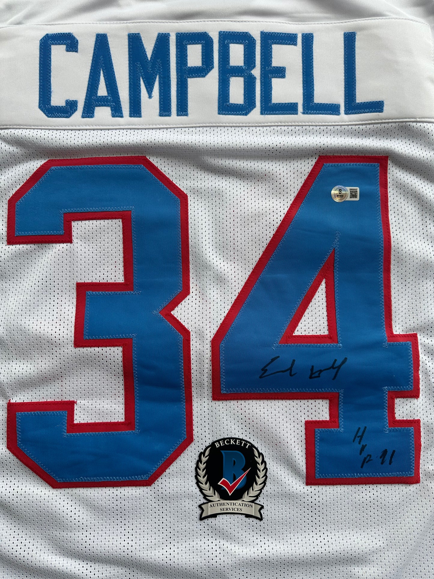 EARL CAMPBELL SIGNED WHITE FOOTBALL JERSEY Houston Oilers w/ "HOF 91" BAS COA