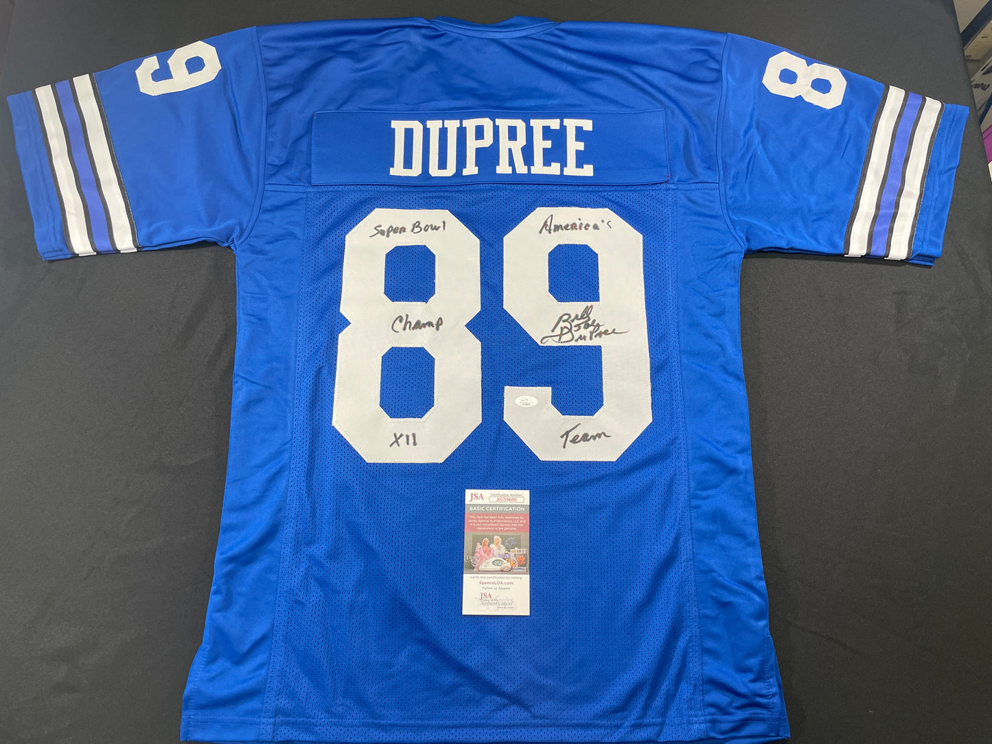 BILLY JOE DUPREE DALLAS COWBOYS SIGNED BLUE JERSEY w/INSCs XL JSA COA