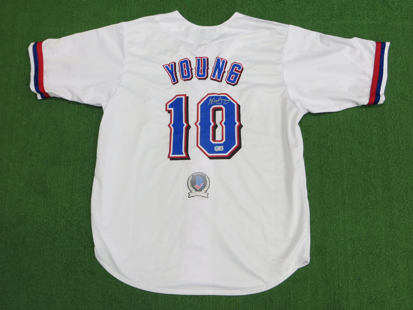 MICHAEL YOUNG TEXAS RANGERS SIGNED WHITE JERSEY size 2XL BAS COA