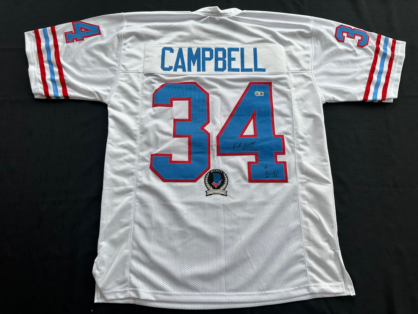 EARL CAMPBELL SIGNED WHITE FOOTBALL JERSEY Houston Oilers w/ "HOF 91" BAS COA