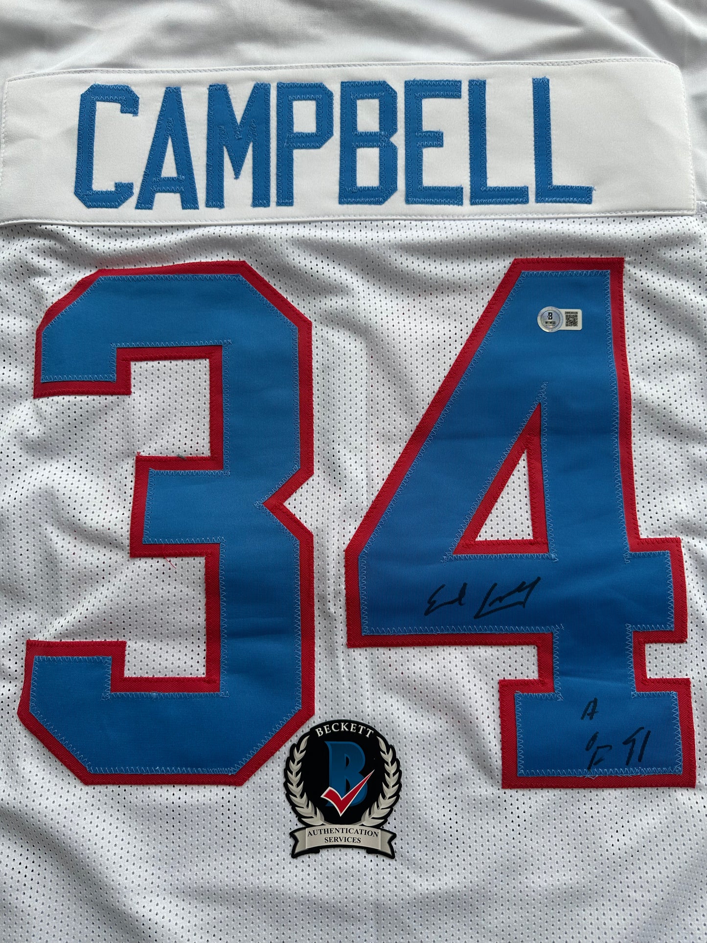 EARL CAMPBELL SIGNED WHITE FOOTBALL JERSEY Houston Oilers w/ "HOF 91" BAS COA