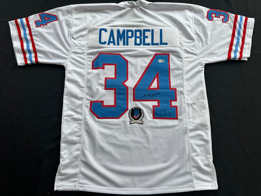 EARL CAMPBELL SIGNED WHITE FOOTBALL JERSEY Houston Oilers w/ "HOF 91" BAS COA