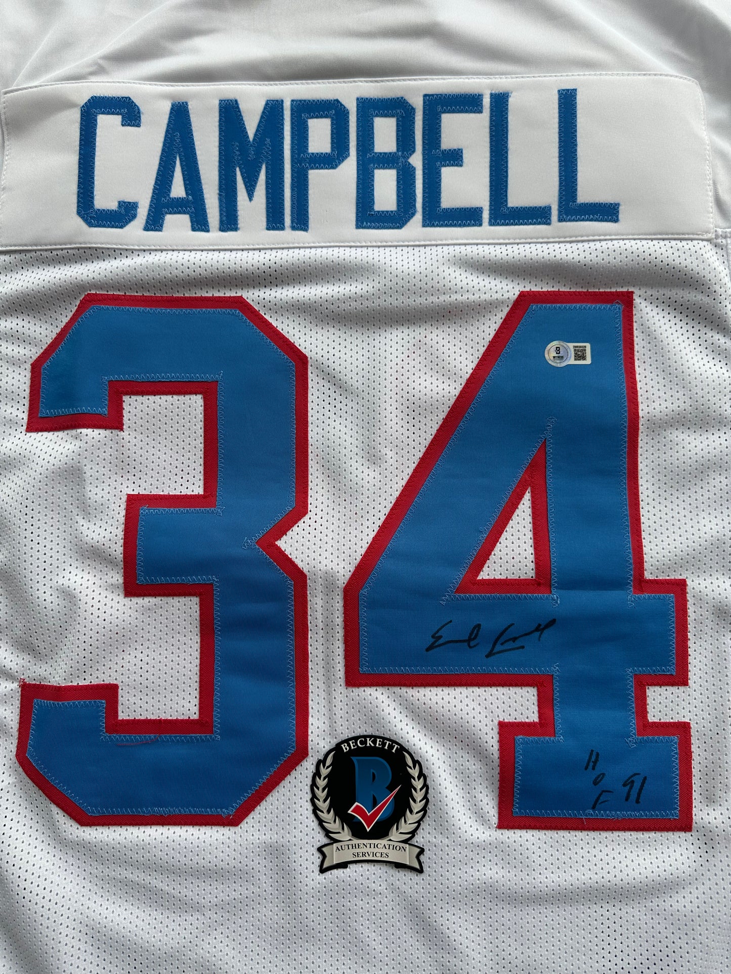 EARL CAMPBELL SIGNED WHITE FOOTBALL JERSEY Houston Oilers w/ "HOF 91" BAS COA
