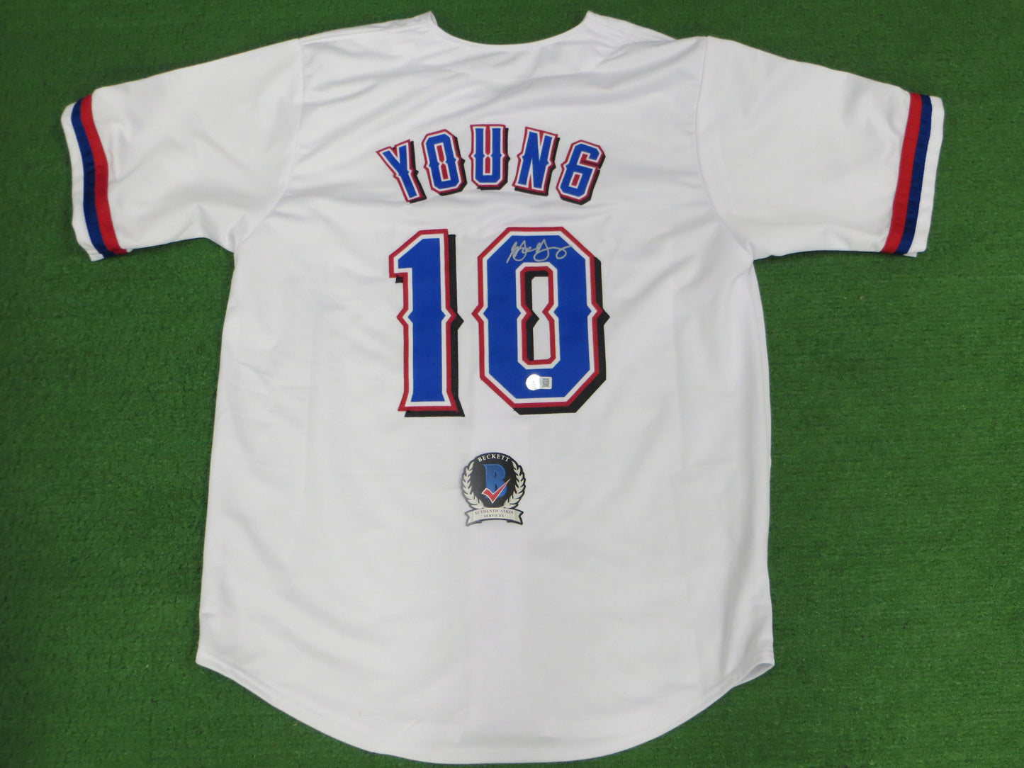 MICHAEL YOUNG TEXAS RANGERS SIGNED WHITE JERSEY size L BAS COA