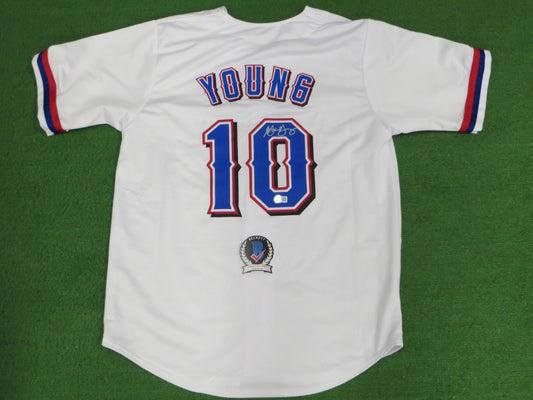 MICHAEL YOUNG TEXAS RANGERS SIGNED WHITE JERSEY size L BAS COA