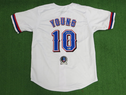 MICHAEL YOUNG TEXAS RANGERS SIGNED WHITE JERSEY size L BAS COA