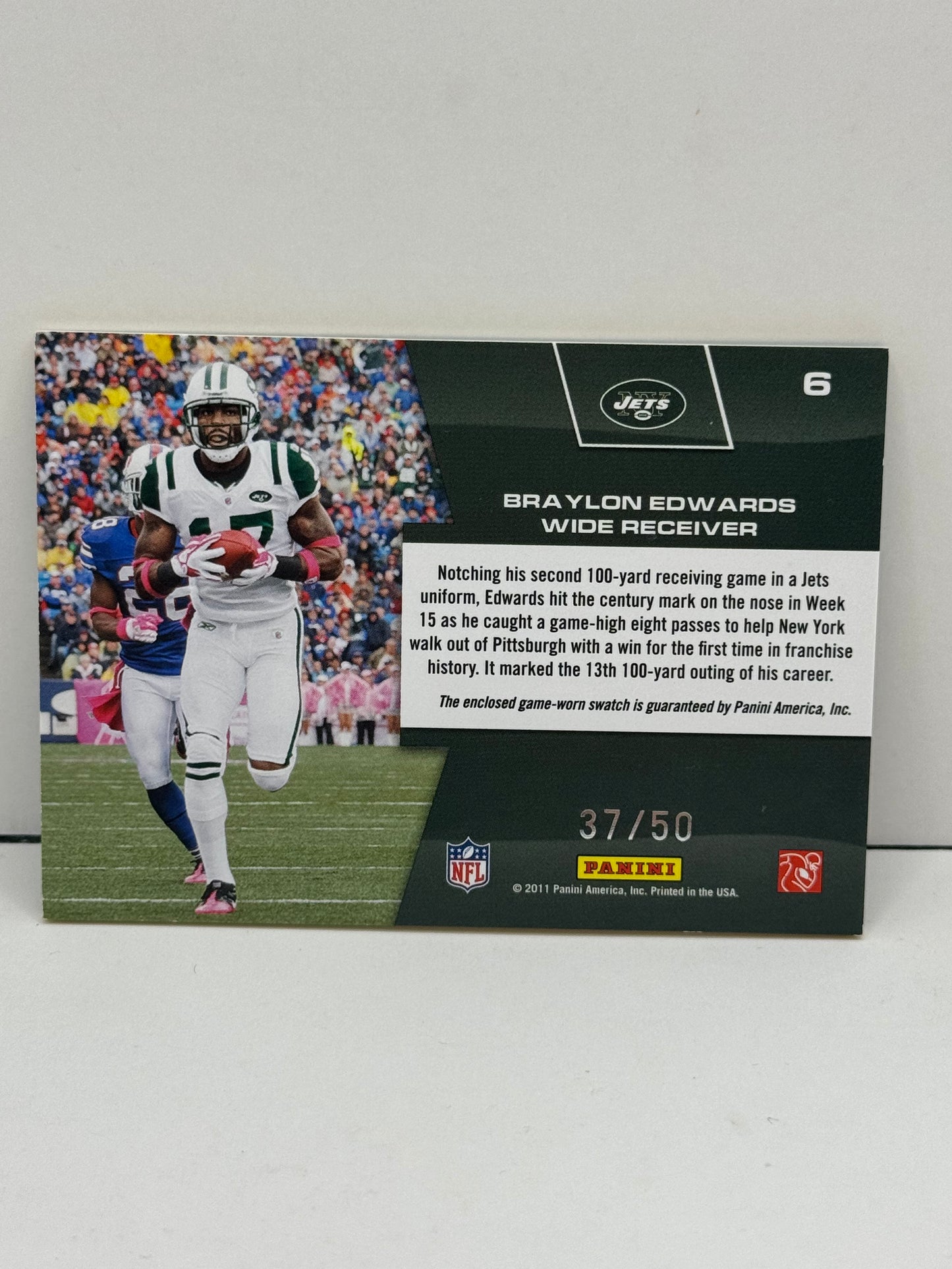 2011 Prestige Braylon Edwards Prestigious Pros Relic Jets Logo #6 /50