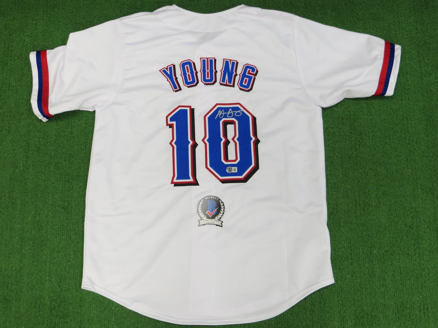 MICHAEL YOUNG TEXAS RANGERS SIGNED WHITE JERSEY size L BAS COA