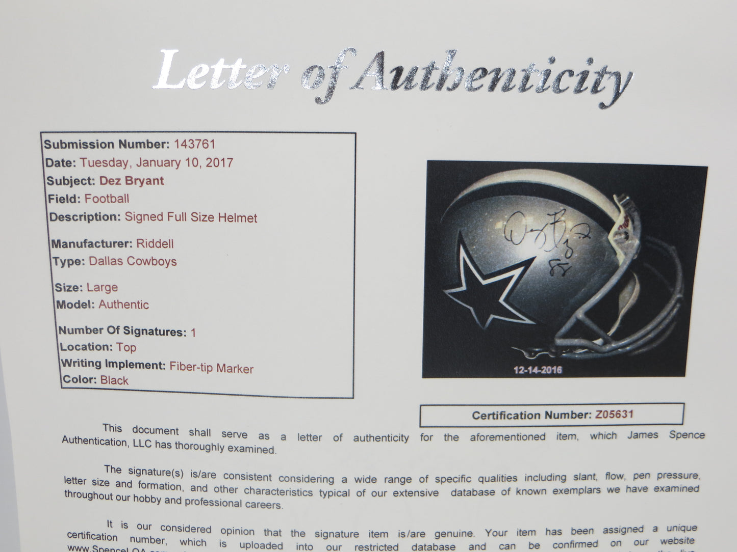 DEZ BRYANT SIGNED AUTHENTIC DALLAS COWBOYS RIDDELL Full Size HELMET JSA LOA