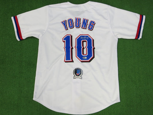 MICHAEL YOUNG TEXAS RANGERS SIGNED WHITE JERSEY size L BAS COA