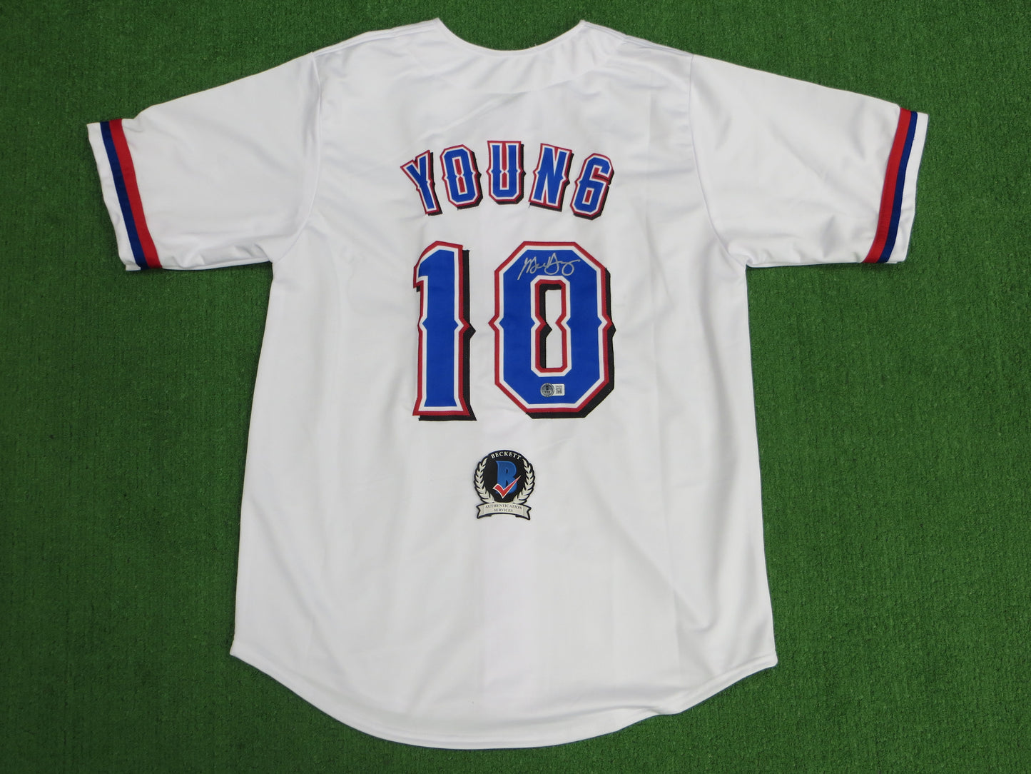 MICHAEL YOUNG TEXAS RANGERS SIGNED WHITE JERSEY size L BAS COA