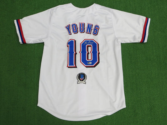 MICHAEL YOUNG TEXAS RANGERS SIGNED WHITE JERSEY size L BAS COA