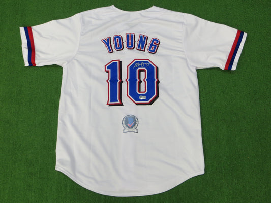 MICHAEL YOUNG TEXAS RANGERS SIGNED WHITE JERSEY size L BAS COA