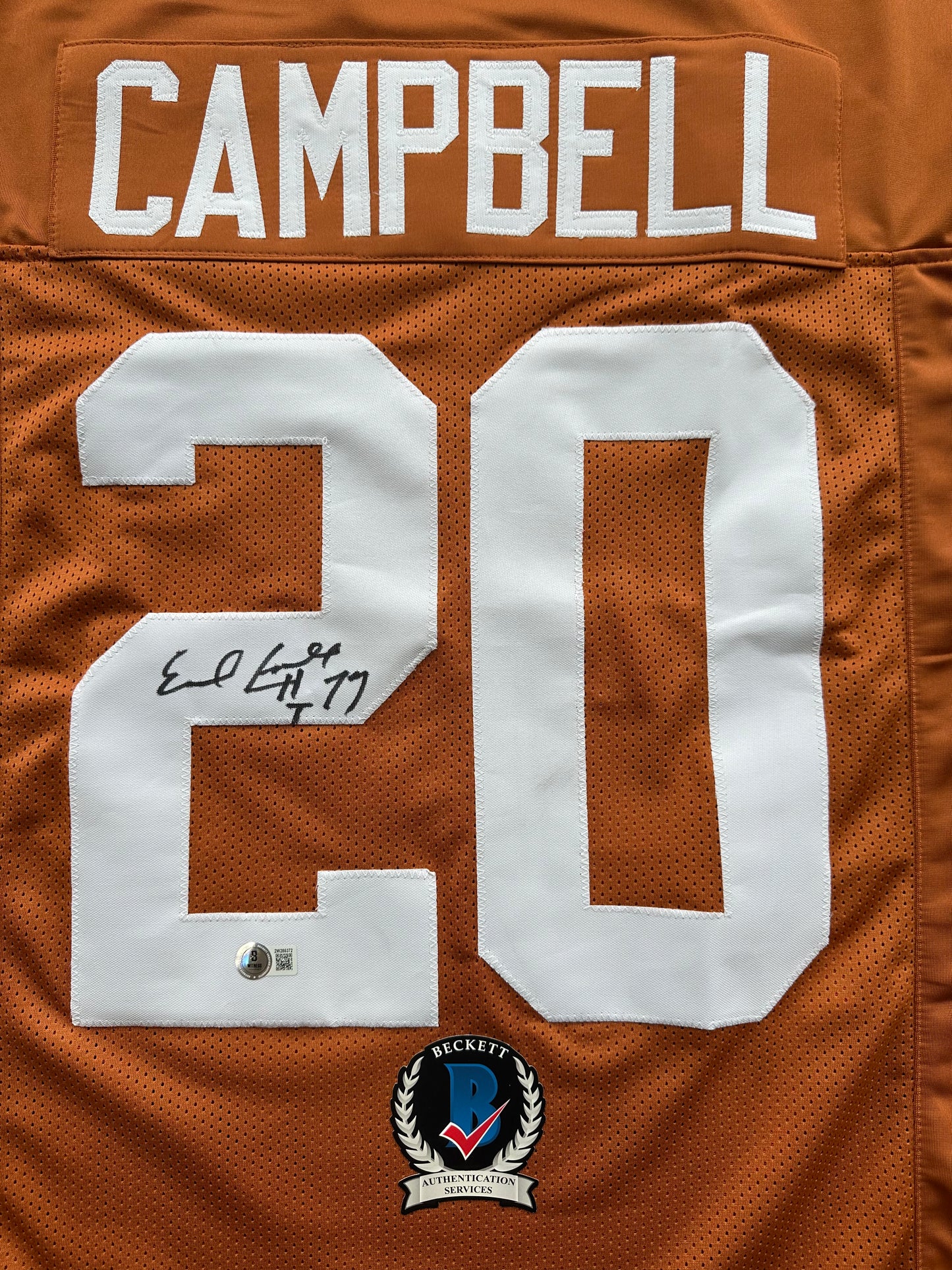 EARL CAMPBELL SIGNED ORANGE FOOTBALL JERSEY Texas Longhorns Medium BAS COA