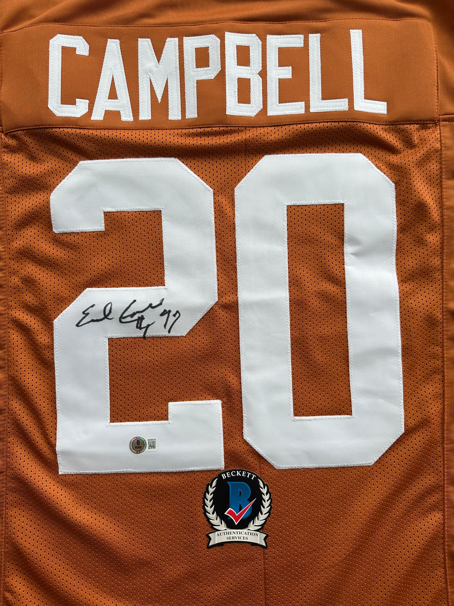 EARL CAMPBELL SIGNED ORANGE FOOTBALL JERSEY Texas Longhorns Large BAS COA