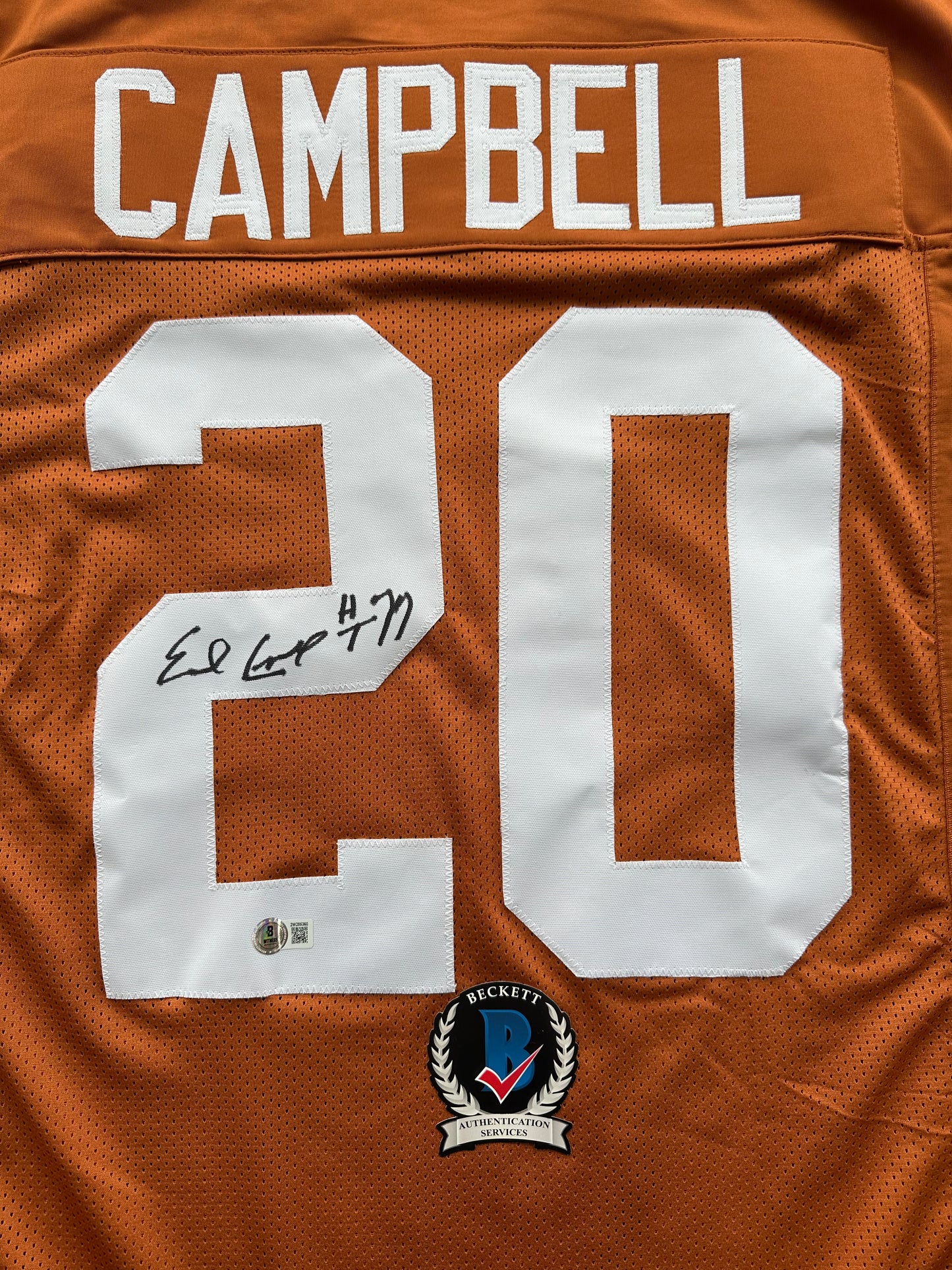 EARL CAMPBELL SIGNED ORANGE FOOTBALL JERSEY Texas Longhorns XL BAS COA