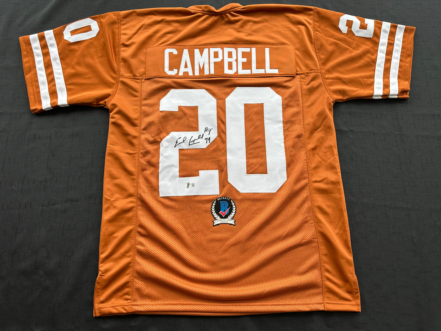 EARL CAMPBELL SIGNED ORANGE FOOTBALL JERSEY Texas Longhorns XL BAS COA