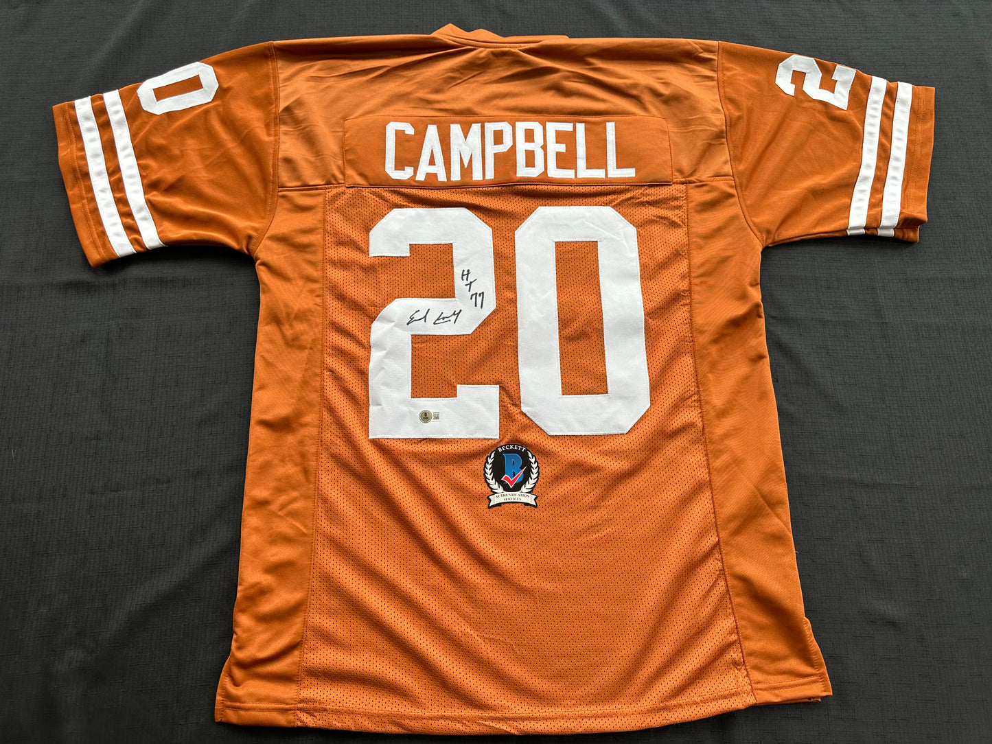 EARL CAMPBELL SIGNED ORANGE FOOTBALL JERSEY Texas Longhorns XL BAS COA