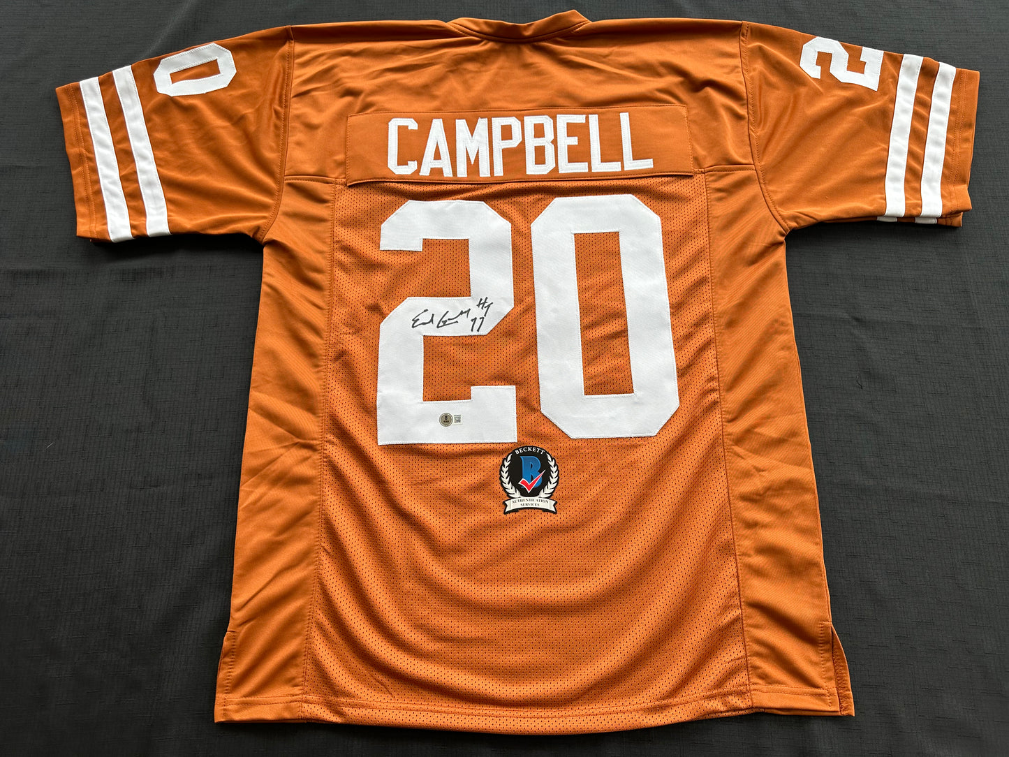 EARL CAMPBELL SIGNED ORANGE FOOTBALL JERSEY Texas Longhorns XL BAS COA