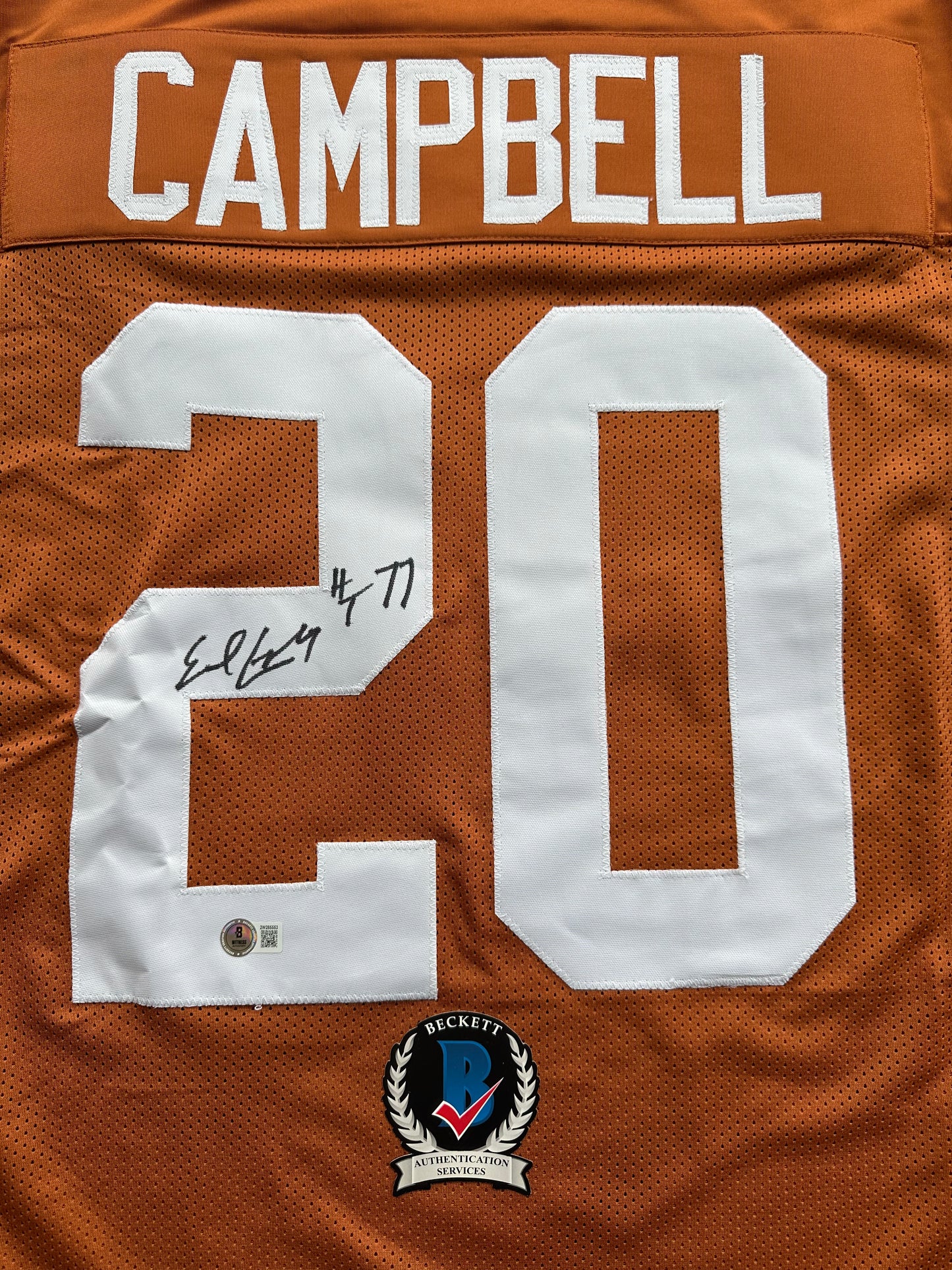 EARL CAMPBELL SIGNED ORANGE FOOTBALL JERSEY Texas Longhorns XL BAS COA