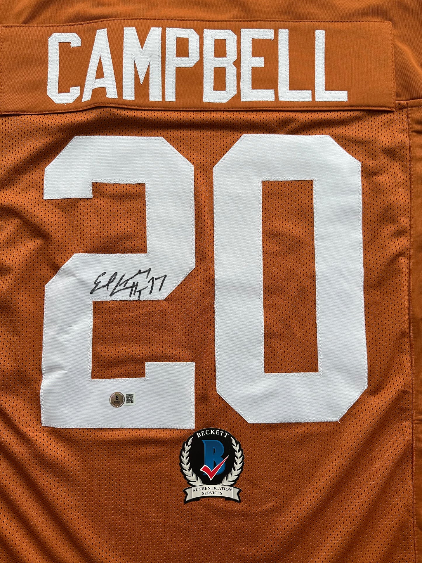 EARL CAMPBELL SIGNED ORANGE FOOTBALL JERSEY Texas Longhorns XL BAS COA
