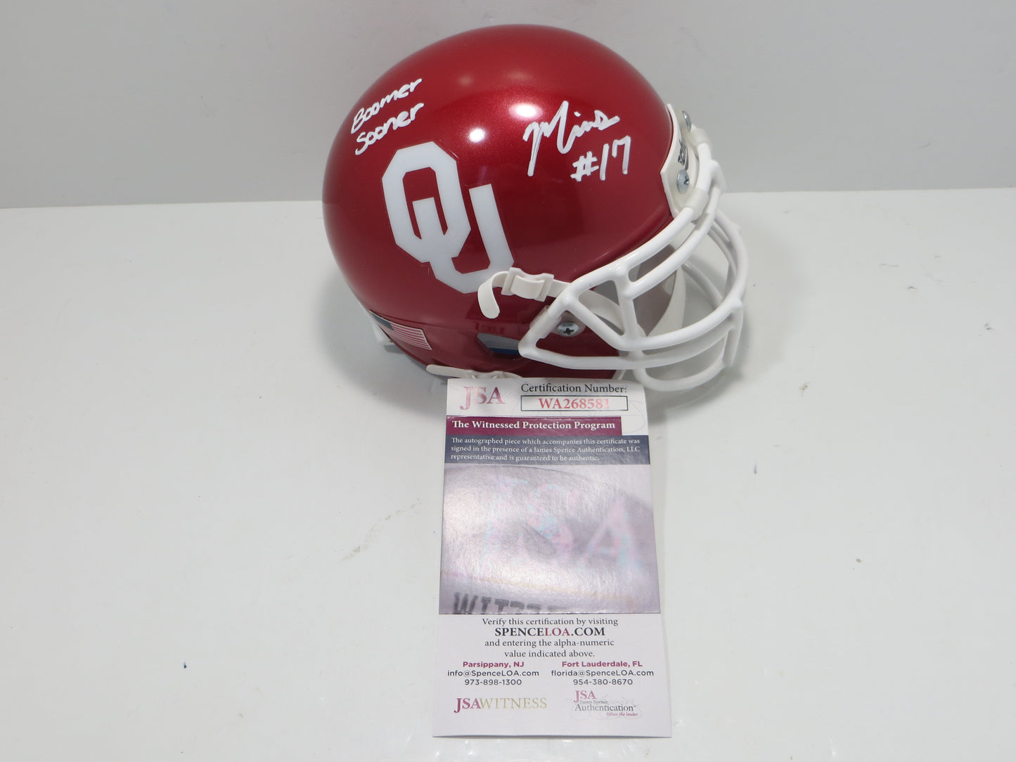 MARVIN MIMS OU OKLAHOMA SOONERS SIGNED Mini Helmet w/BoomerSooner JSA COA