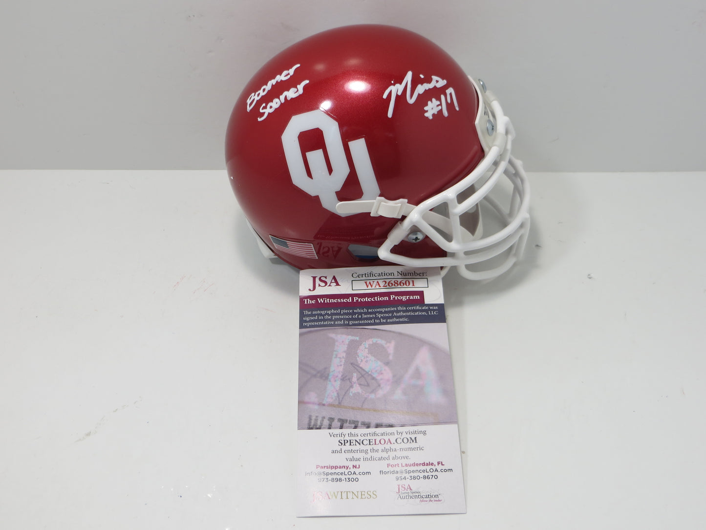 MARVIN MIMS OU OKLAHOMA SOONERS SIGNED Mini Helmet w/BoomerSooner JSA COA