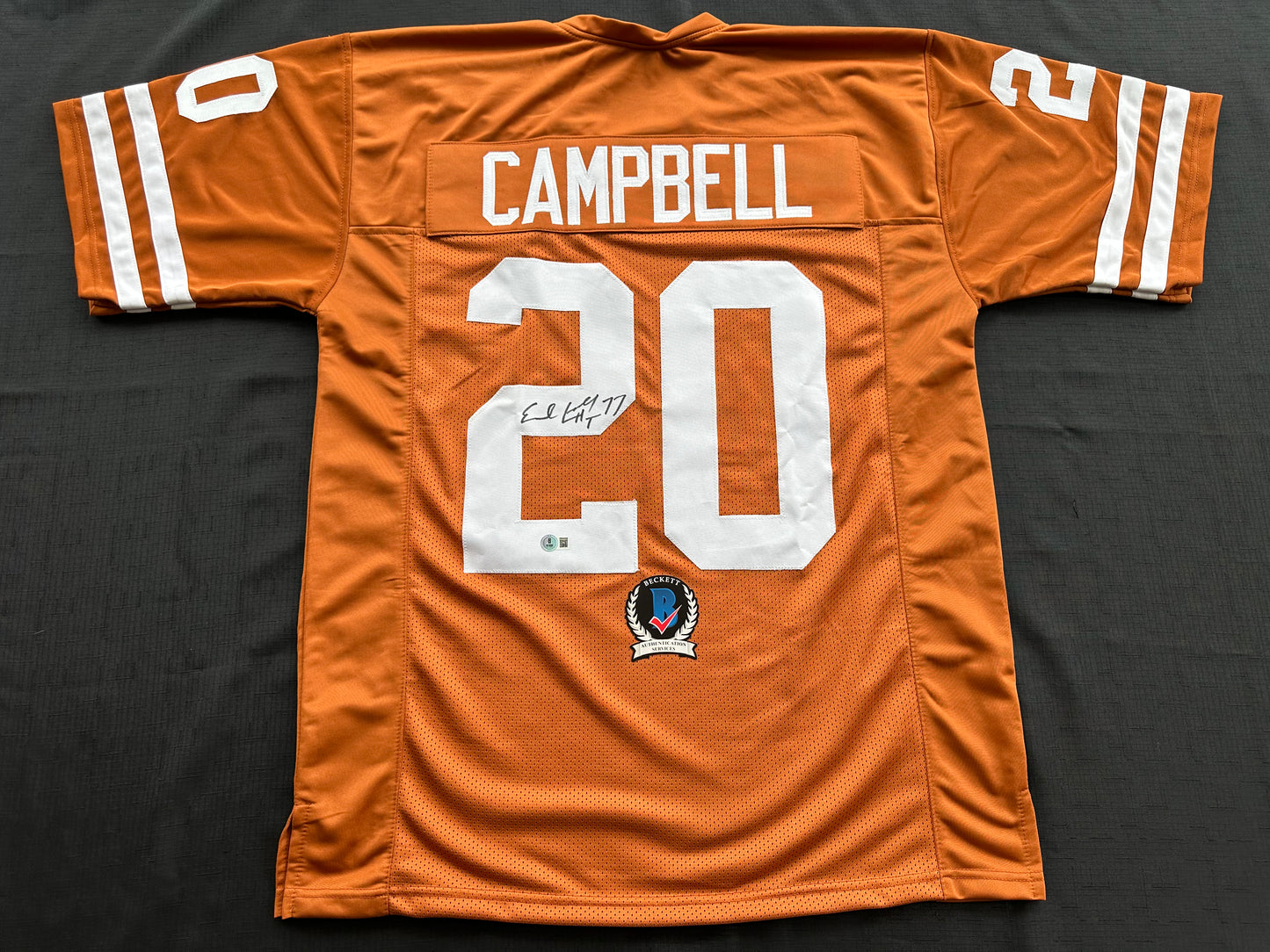 EARL CAMPBELL SIGNED ORANGE FOOTBALL JERSEY Texas Longhorns XL BAS COA