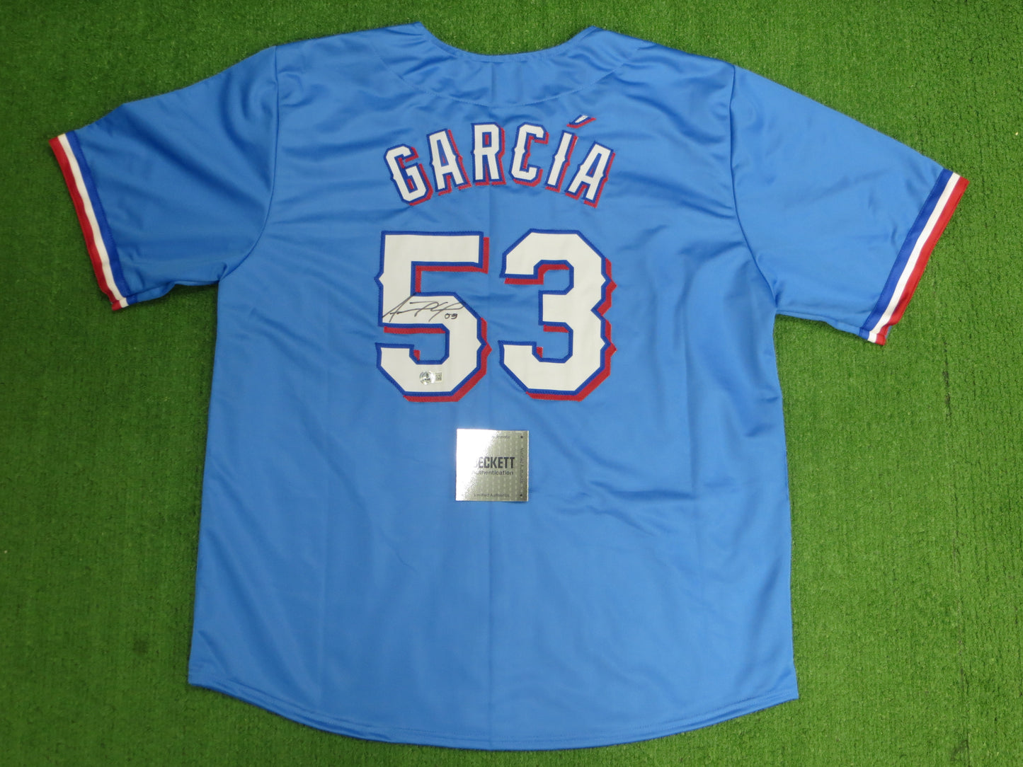 ADOLIS GARCIA TEXAS RANGERS SIGNED Light Blue JERSEY XL BAS COA