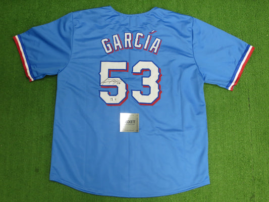ADOLIS GARCIA TEXAS RANGERS SIGNED Light Blue JERSEY XL BAS COA