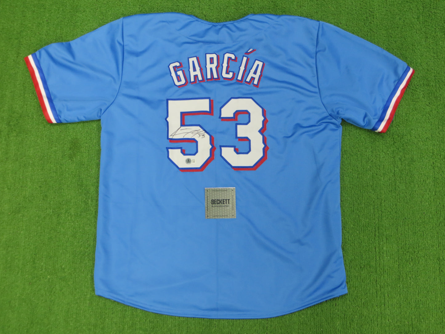 ADOLIS GARCIA TEXAS RANGERS SIGNED Light Blue JERSEY XL BAS COA