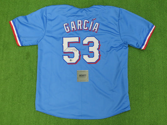 ADOLIS GARCIA TEXAS RANGERS SIGNED Light Blue JERSEY XL BAS COA