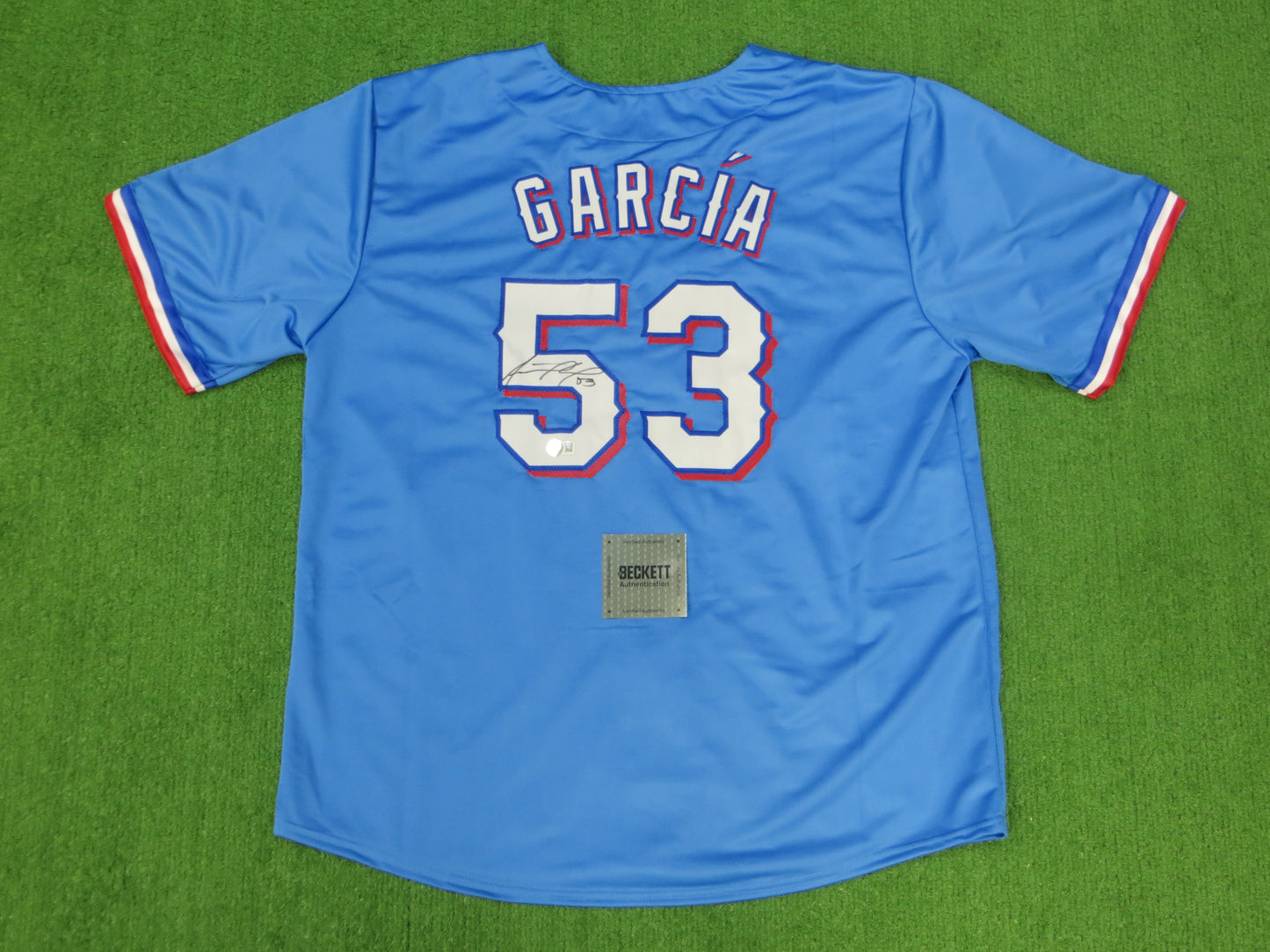 ADOLIS GARCIA TEXAS RANGERS SIGNED Light Blue JERSEY XL BAS COA