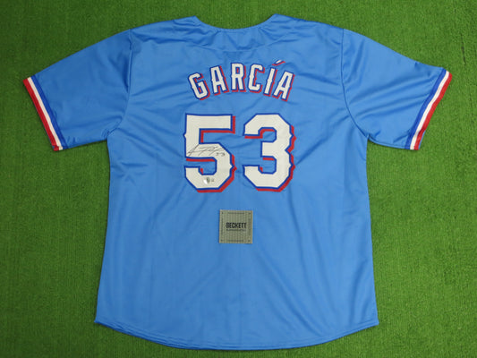 ADOLIS GARCIA TEXAS RANGERS SIGNED Light Blue JERSEY XL BAS COA