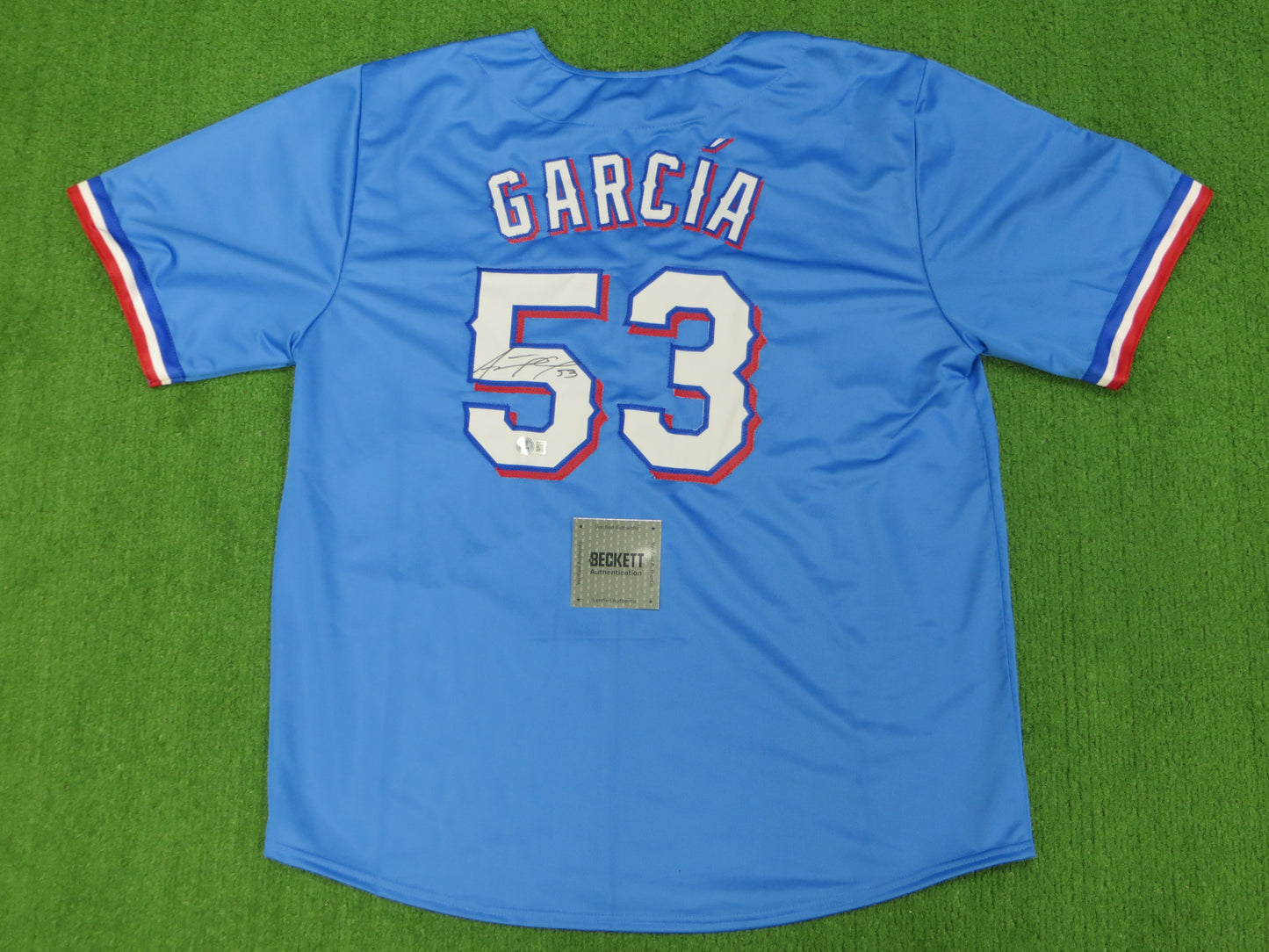 ADOLIS GARCIA TEXAS RANGERS SIGNED Light Blue JERSEY XL BAS COA