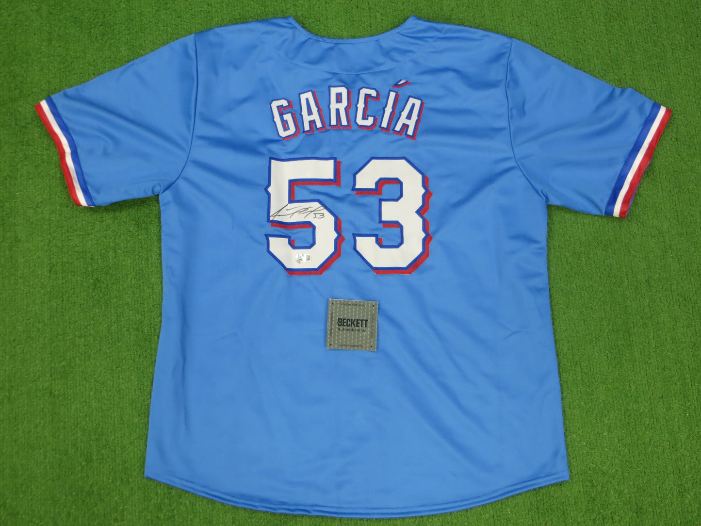 ADOLIS GARCIA TEXAS RANGERS SIGNED Light Blue JERSEY XL BAS COA