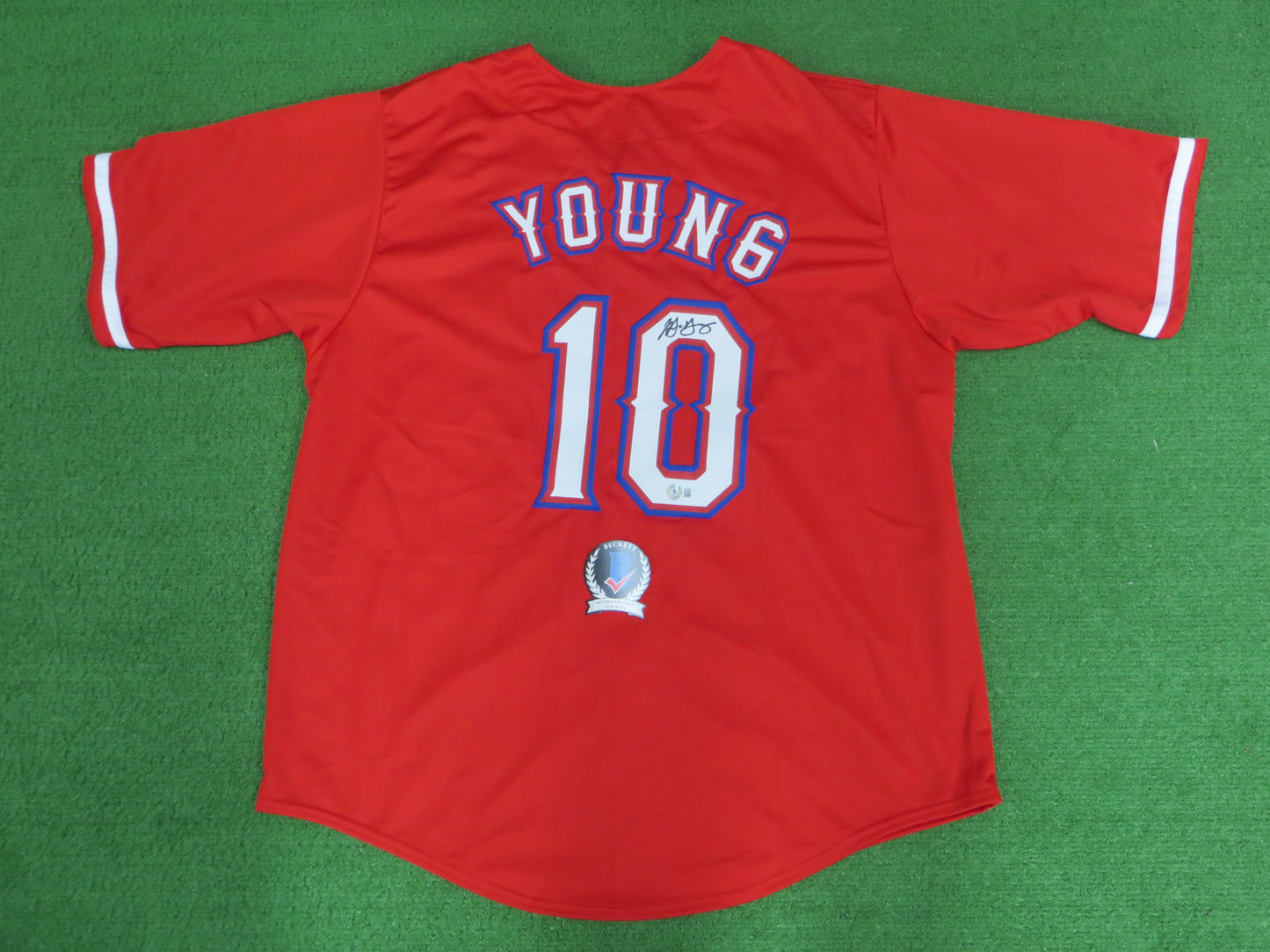 MICHAEL YOUNG TEXAS RANGERS SIGNED RED JERSEY size 3XL BAS COA