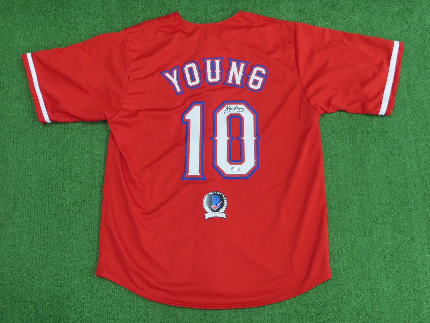 MICHAEL YOUNG TEXAS RANGERS SIGNED RED JERSEY size XL BAS COA